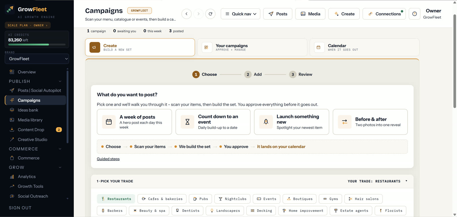 GrowFleet Campaigns built from your real menu and prices