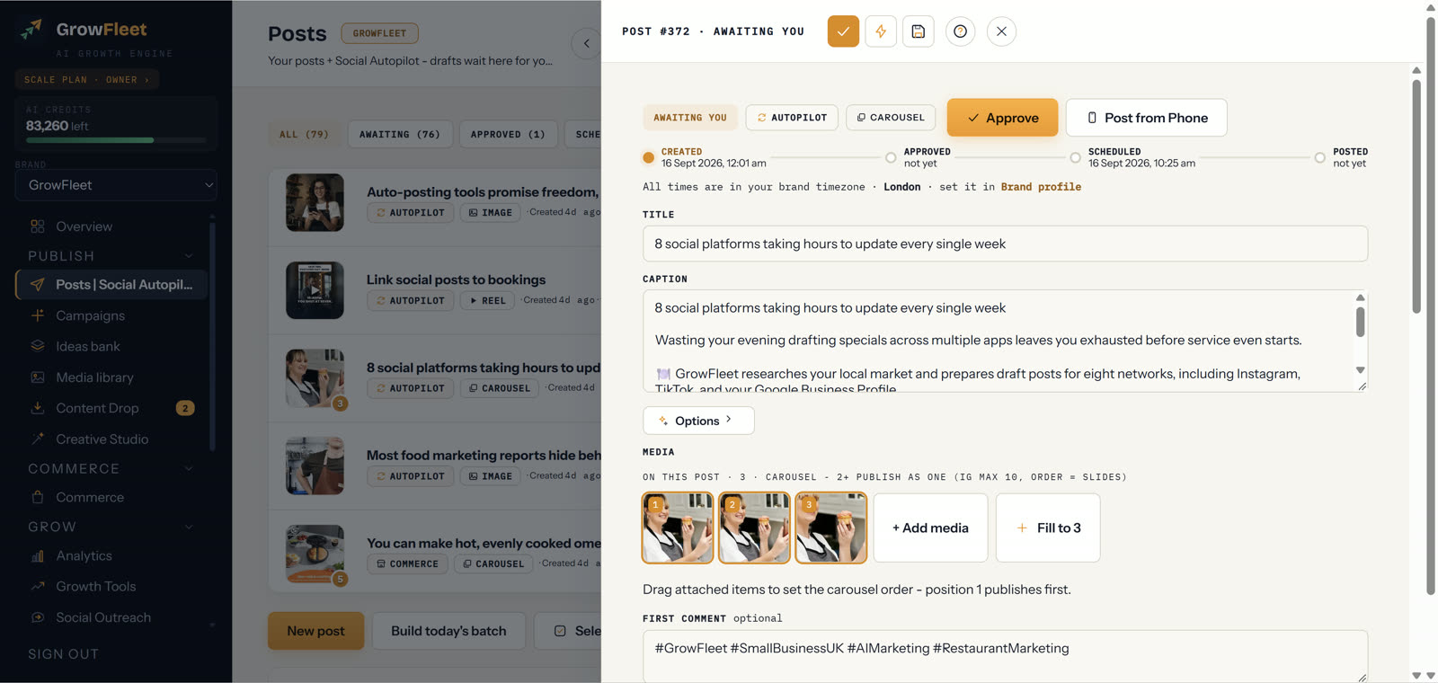 GrowFleet approval queue lining up posts across eight networks